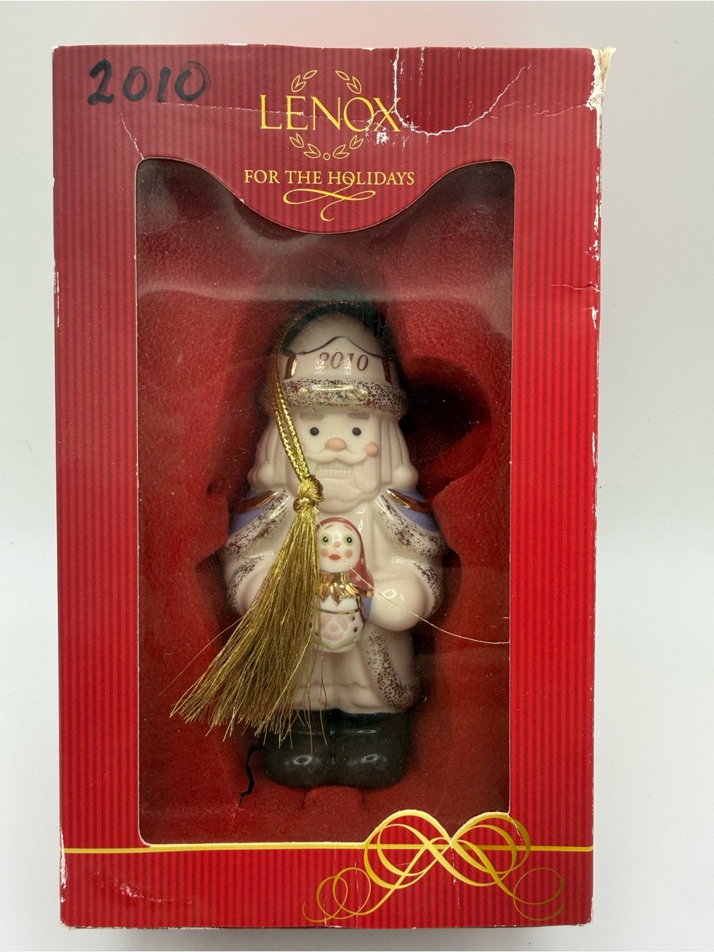 2010 Lenox White & Gold Santa Ornament with Gold Tassel